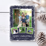 Cartes Pour Fêtes Annuelles Vintage Winter Wonderland Christmas Photo Collage<br><div class="desc">Célébrez les fêtes grâce à cette collection de photos de Noël festives Winter Wonderland Joyeux Noël. Une bordure de neige entoure vos 4 photos qui sont positionnées contre un arrière - plan bleu marine. Ajoutez votre texte personnalisé à l'avant et à l'arrière. Avec une touche rustique/vintage, la carte reste tendance...</div>