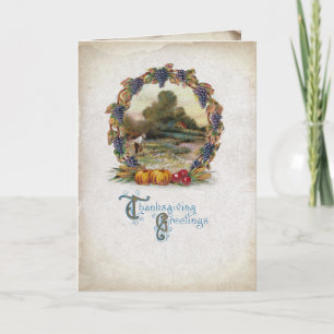 Cartes Pour Fêtes Annuelles VintageThanksgiving Wreath Harvest Scène