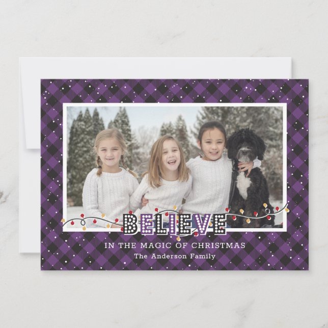 Cartes Pour Fêtes Annuelles Violet Buffalo Plaid Neige Croire Photo (Devant)