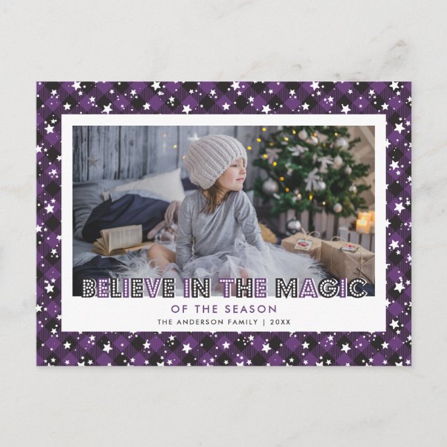 Cartes Pour Fêtes Annuelles Violet Buffalo Plaid Neige Stars Croire Photo (Devant)