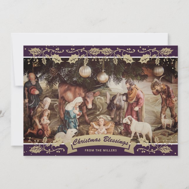 Cartes Pour Fêtes Annuelles Violet Holly Nativité Scène Christian Noël (Devant)