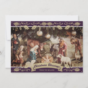 Cartes Pour Fêtes Annuelles Violet Holly Nativité Scène Christian Noël