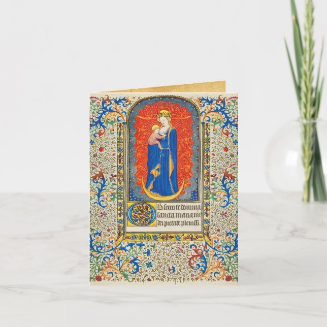 Cartes Pour Fêtes Annuelles VIRGIN AVEC ENFANT ET ANGELS Antique Fleurs (Devant)