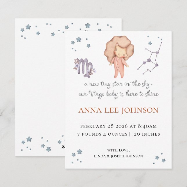 Cartes Pour Fêtes Annuelles Virgo Zodiac Birth Announcement (Devant / Derrière)