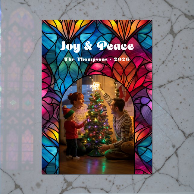 Cartes Pour Fêtes Annuelles Vitre Vitrée Joie & Paix Photo de Noël (Stained Glass Window Joy & Peace Christmas Photo Holiday Card)