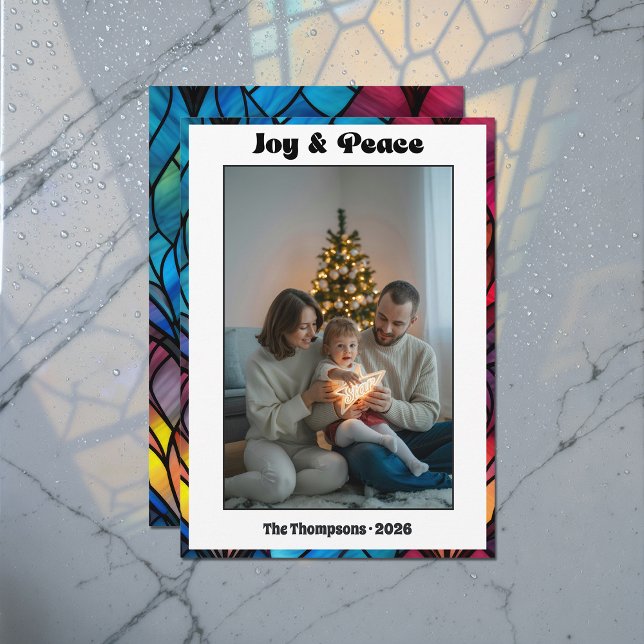 Cartes Pour Fêtes Annuelles Vitre Vitrée Joie & Paix Photo de Noël (Stained Glass Window Joy & Peace Christmas Photo Holiday Card)