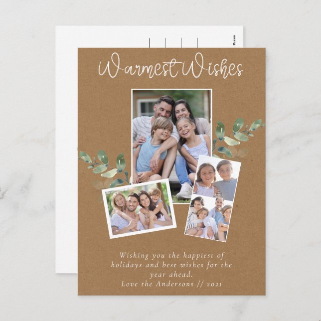 Cartes Pour Fêtes Annuelles Vœux chaleureux Kraft Eucalyptus Collage photo (Devant / Derrière)