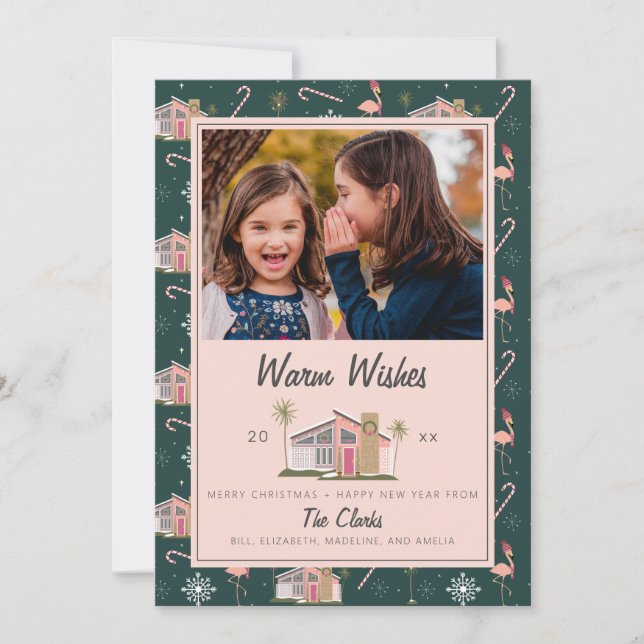 Cartes Pour Fêtes Annuelles Vœux chaleureux photo de Noël de maison rose du mi (Devant)