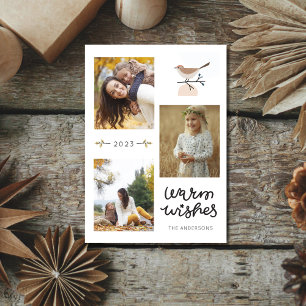 Cartes Pour Fêtes Annuelles Voeux chauds Oiseau botanique Trois photos Noël
