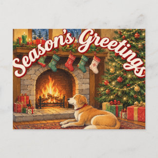 Cartes Pour Fêtes Annuelles Vœux de fin d'année avec cheminée et chien