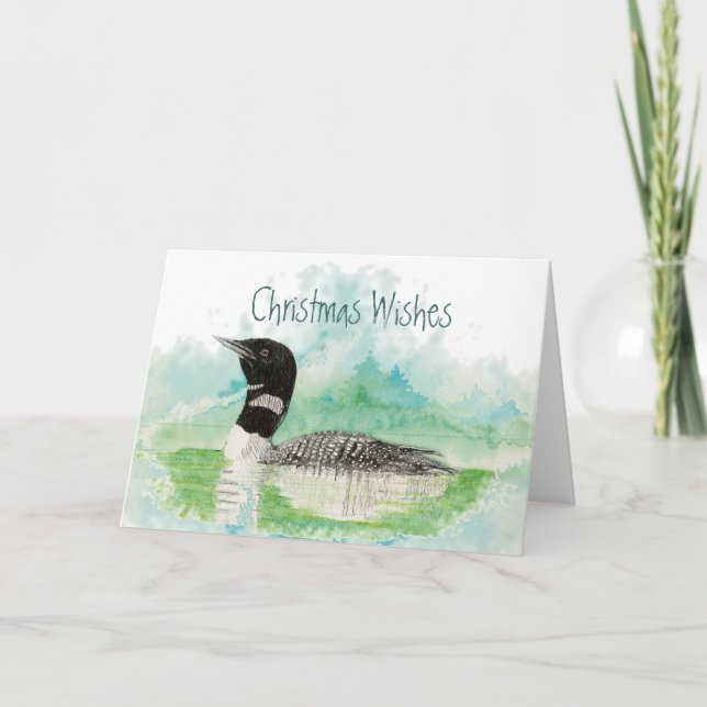 Cartes Pour Fêtes Annuelles Voeux de Noël avec Aquarelle Loon Bird (Devant)