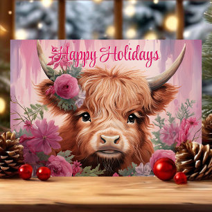 Cartes Pour Fêtes Annuelles Vœux de Noël bébé vache Highland florale Joyeux No