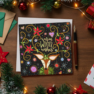 Cartes Pour Fêtes Annuelles Vœux de Noël Floraux Renne Élégants
