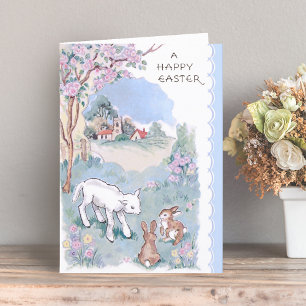 Cartes Pour Fêtes Annuelles Vœux joyeux de Pâques vintage avec agneau et lapin