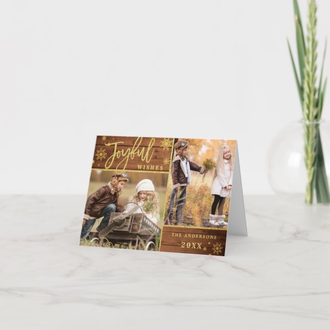 Cartes Pour Fêtes Annuelles Voeux Joyeux Gold Frame Rustic 3 PHOTO Salutation (Devant)