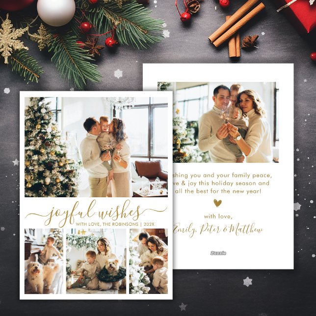 Cartes Pour Fêtes Annuelles Voeux Joyeux Modernes Gold Script 4 Photo Noël (Créateur téléchargé)