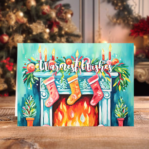 Cartes Pour Fêtes Annuelles Vœux les plus chaleureux Cheminée aquarelle cosy N