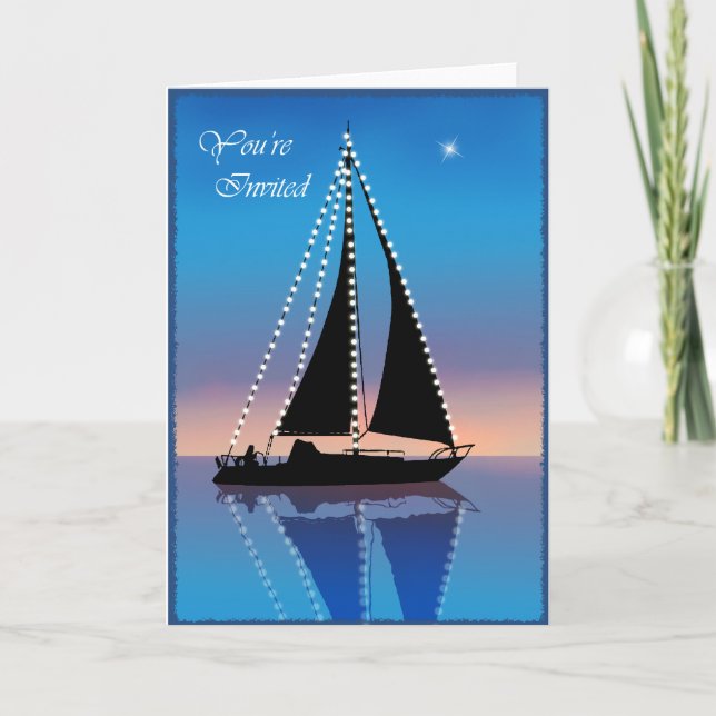 Cartes Pour Fêtes Annuelles Voiles coucher de soleil avec lumières de vacances (Devant)