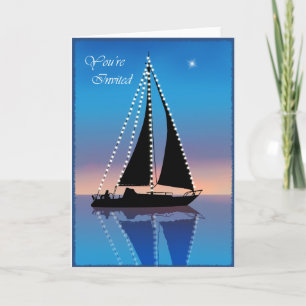 Cartes Pour Fêtes Annuelles Voiles coucher de soleil avec lumières de vacances