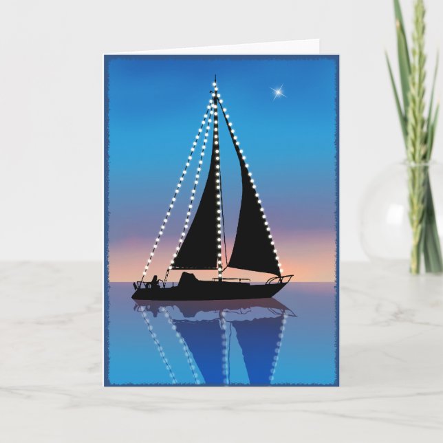 Cartes Pour Fêtes Annuelles Voiles coucher de soleil avec lumières de vacances (Devant)
