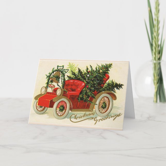 CARTES POUR FÊTES ANNUELLES VOITURE À VINTAGE ROUGE AVEC ARBRES DE NOËL ET BEL (Devant)
