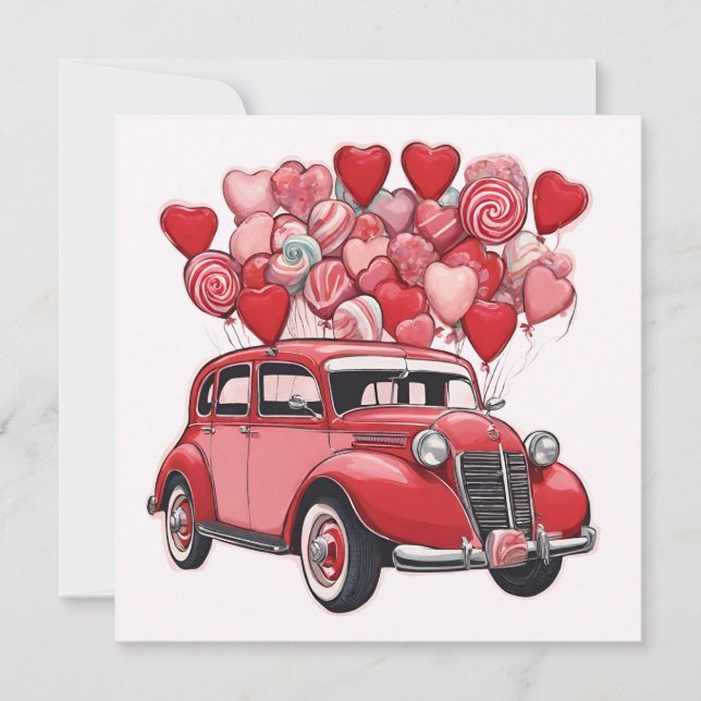 Cartes Pour Fêtes Annuelles Voiture ancienne avec ballons de la Saint-Valentin (Devant)