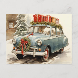 Cartes Pour Fêtes Annuelles Voiture de Noël Bleue Classique Vintage