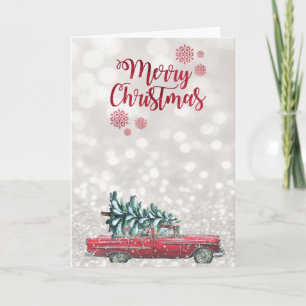 Cartes Pour Fêtes Annuelles Voiture Rétro Arbre de Pin, Flou Artistique Brilla