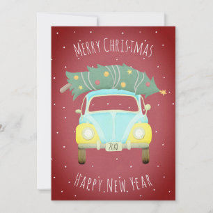 Cartes Pour Fêtes Annuelles Voiture rétro rouge burgundy Arbre de Noël Année p