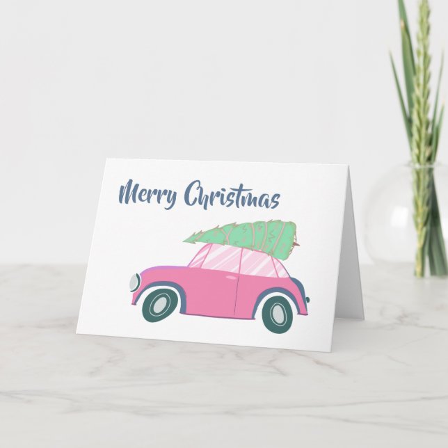 Cartes Pour Fêtes Annuelles Voiture rose rétro et Arbre Whimsical Art de Noël (Devant)