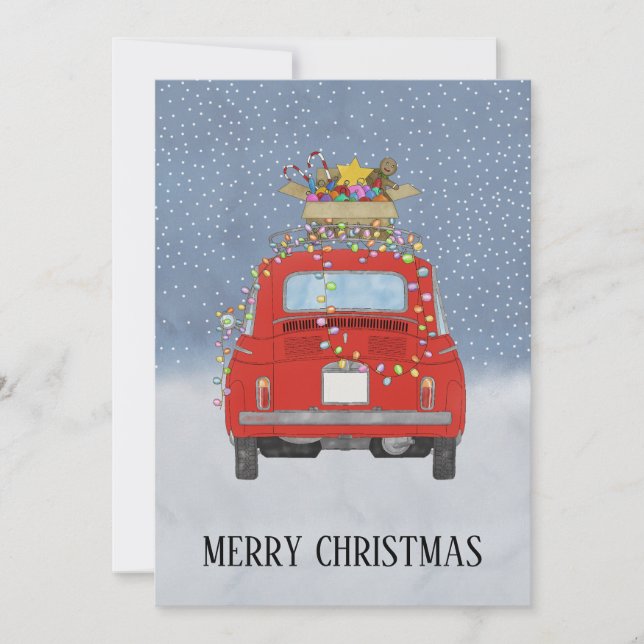 Cartes Pour Fêtes Annuelles Voiture rouge avec cadeaux de Noël (Devant)