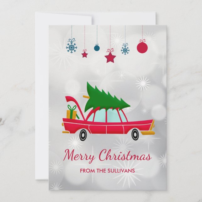 Cartes Pour Fêtes Annuelles Voiture rouge rétro portant un arbre de Noël (Devant)
