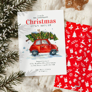 Cartes Pour Fêtes Annuelles Voiture rouge vintage Arbre Aquarelle Noël