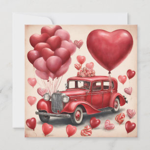 Cartes Pour Fêtes Annuelles Voiture rouge vintage avec ballons de Saint Valent