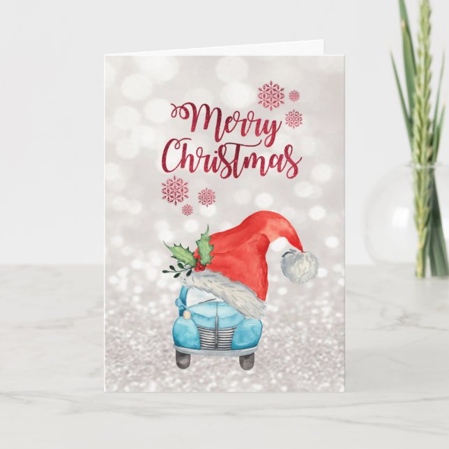 Cartes Pour Fêtes Annuelles Voiture Santa Hat, Bokeh (Devant)