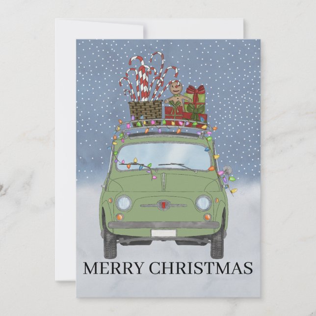 Cartes Pour Fêtes Annuelles Voiture verte avec cadeaux de Noël (Devant)