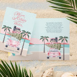 Cartes Pour Fêtes Annuelles Voitures Chaleureuses Palmiers Tropicaux & Voiture<br><div class="desc">Le design présente notre décor tropical dessiné à la main avec vue frontale d'une chic aquarelle rose rétro avec bagage et un arbre de Noël empilé sur le dessus de la voiture. "Chaleureux voeux de vacances" s'affiche en calligraphie rose élégante. Personnalisez avec la signature familiale et l'année affichée à l'avant...</div>