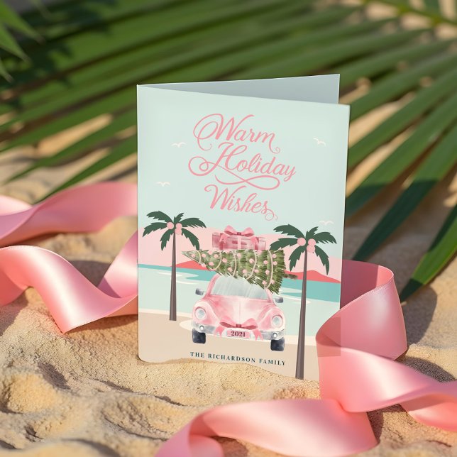Cartes Pour Fêtes Annuelles Voitures Chaleureuses Palmiers Tropicaux & Voiture (Warm Wishes Tropical Palm Trees & Pink Retro Car Holiday Card)
