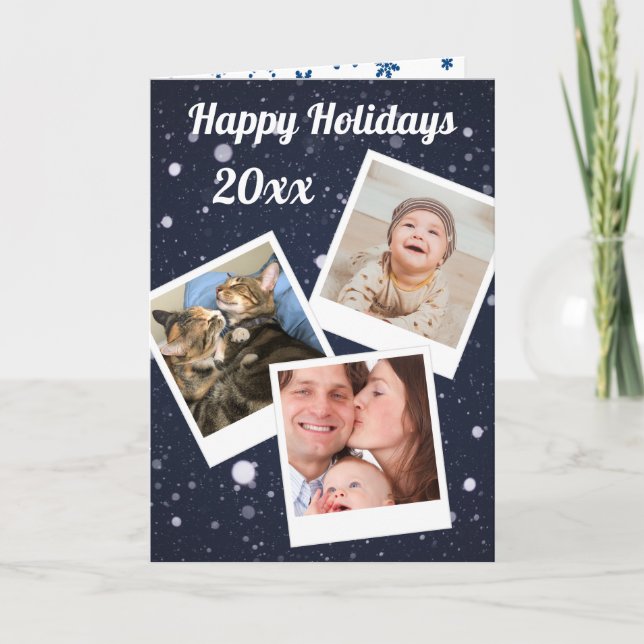 Cartes Pour Fêtes Annuelles Vos 3 photos en Polaroids Blue Snowflakes (Devant)