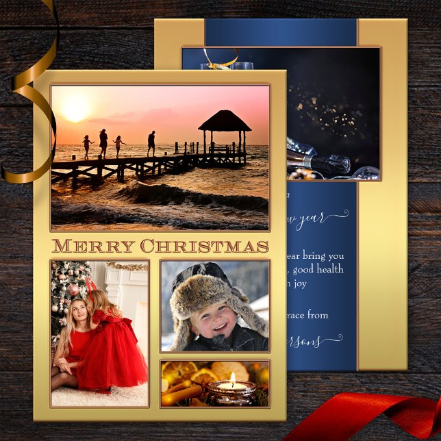 Cartes Pour Fêtes Annuelles Vos photos Festive Golden Christmas Holidays Card (A Christmas Holidays card featuring 5 of your own custom photos framed by a gold stylized design)