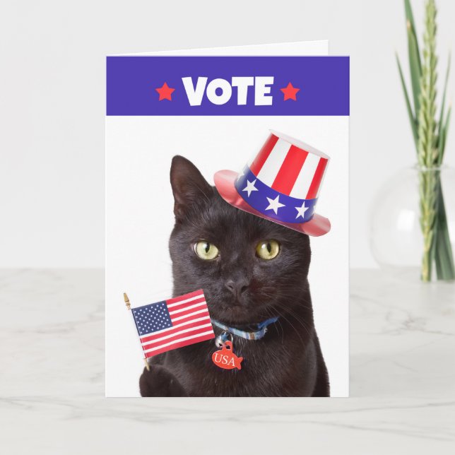 Cartes Pour Fêtes Annuelles Voter Chat Patriotique Avec Drapeau et Humour Casq (Devant)
