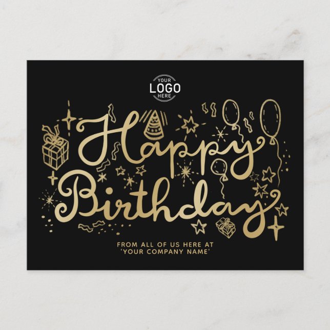 Cartes Pour Fêtes Annuelles Votre logo Business Fun Doodle Gold Joyeux anniver (Devant)