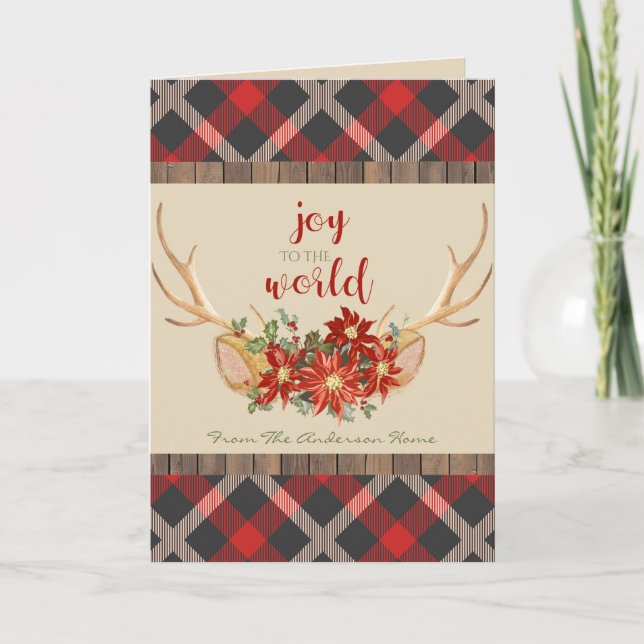 Cartes Pour Fêtes Annuelles VOTRE PHOTO Plaid Woodland Antlers Noël (Devant)