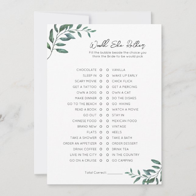 Cartes Pour Fêtes Annuelles Voudrait-Elle Plutôt Que Fête des mariées Jeu (Devant)