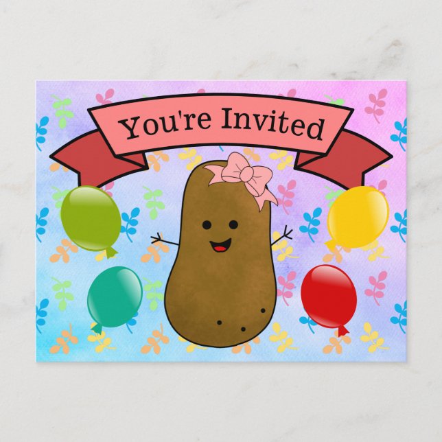 Cartes Pour Fêtes Annuelles Vous êtes Invité Pomme de terre Fille Anniversaire (Devant)