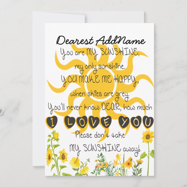 Cartes Pour Fêtes Annuelles Vous Êtes Mon Sunshine Ajouter Un Nom  (Devant)