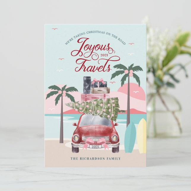 Cartes Pour Fêtes Annuelles Voyages Joyeux Tropical Road Trip Red Retro Car (Debout devant)
