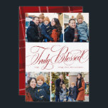 Cartes Pour Fêtes Annuelles Vraiment béni 4 photo élégant Noël religieux<br><div class="desc">Cette carte religieuse de Noël comporte un collage de quatre photos ainsi qu'un élégant script "Vraiment béni". Avec son message de Noël chrétien, c'est un excellent moyen d'envoyer des voeux de vacances significatives. Le design de la carte de vacances est un chic rouge foncé et blanc et le dos est...</div>