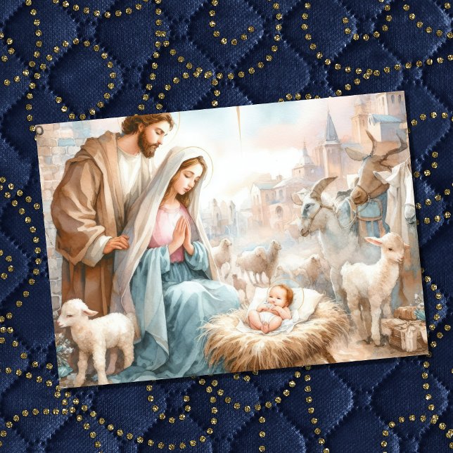 Cartes Pour Fêtes Annuelles Vues de la Nativité de l'aquarelle (Créateur téléchargé)