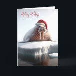 Cartes Pour Fêtes Annuelles Walrus porte un chapeau de Père Noël<br><div class="desc">Un morse portant un casquette du Père Noël est assis sur une petite banquise. Tout le texte peut être modifié.</div>